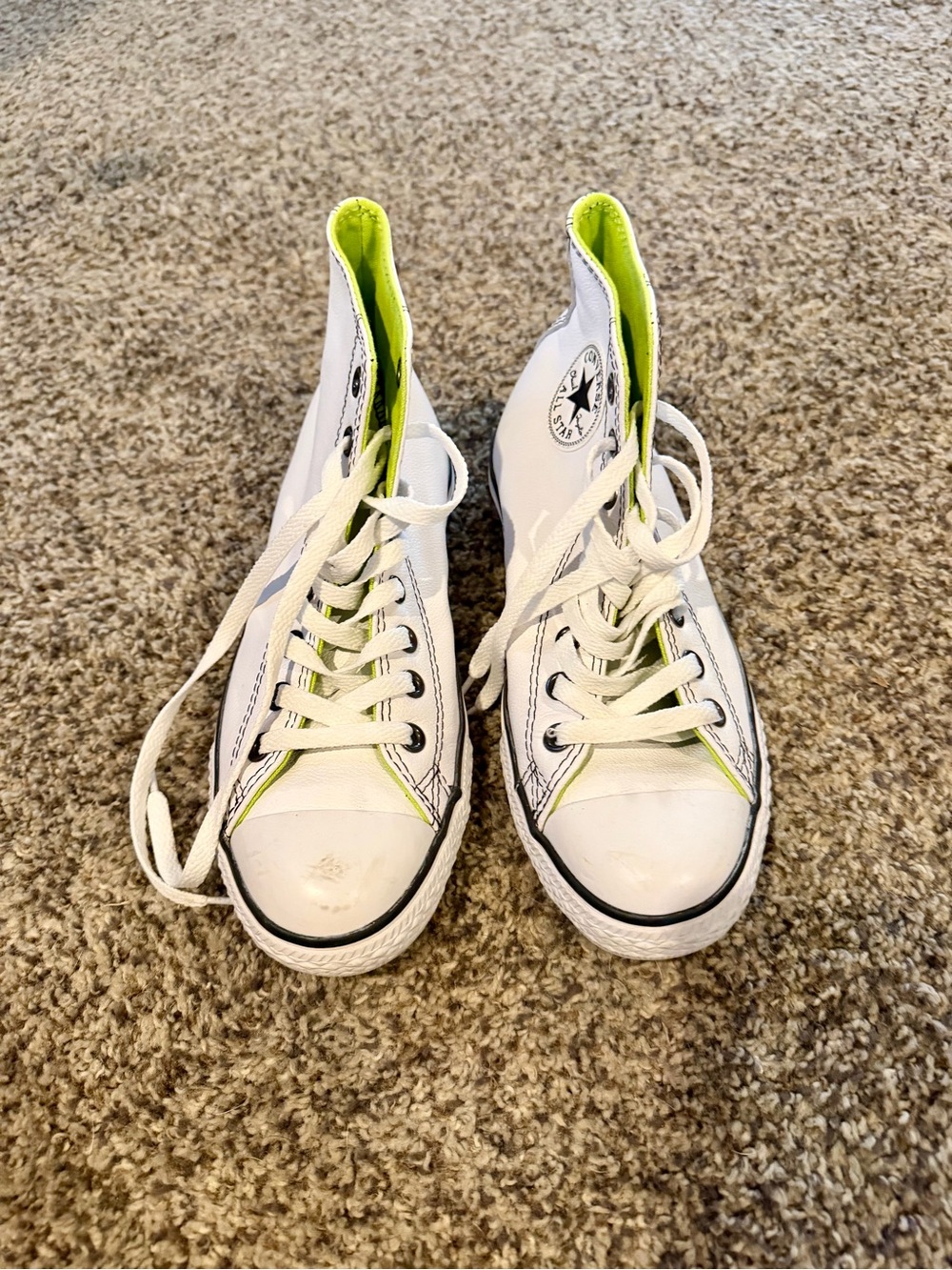 Unisex White Leather High-Top Converse Sneakers with Neon Lime Lining